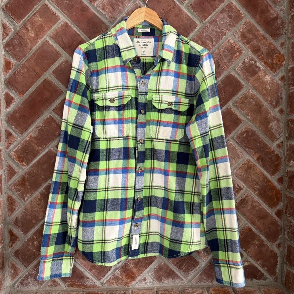 Y2K Vintage Abercrombie & Fitch Muscle Flannel Shirt M Green Blue Plaid Thick‎